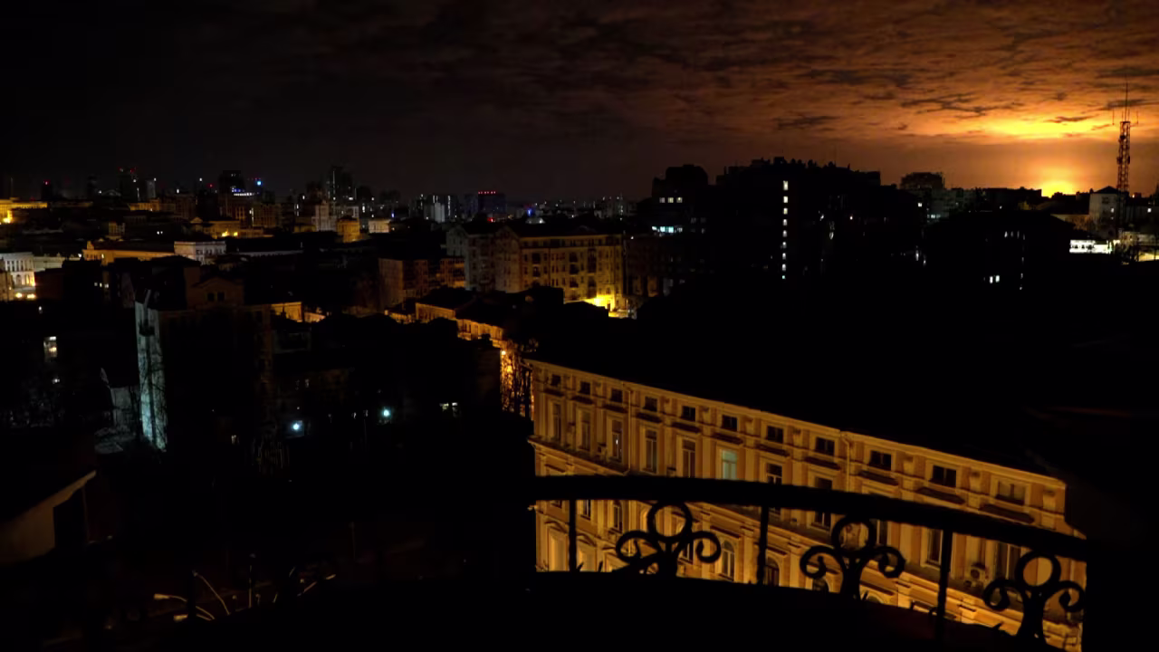 An explosion lights up the sky to the south of Kyiv, Ukraine, early on Sunday.