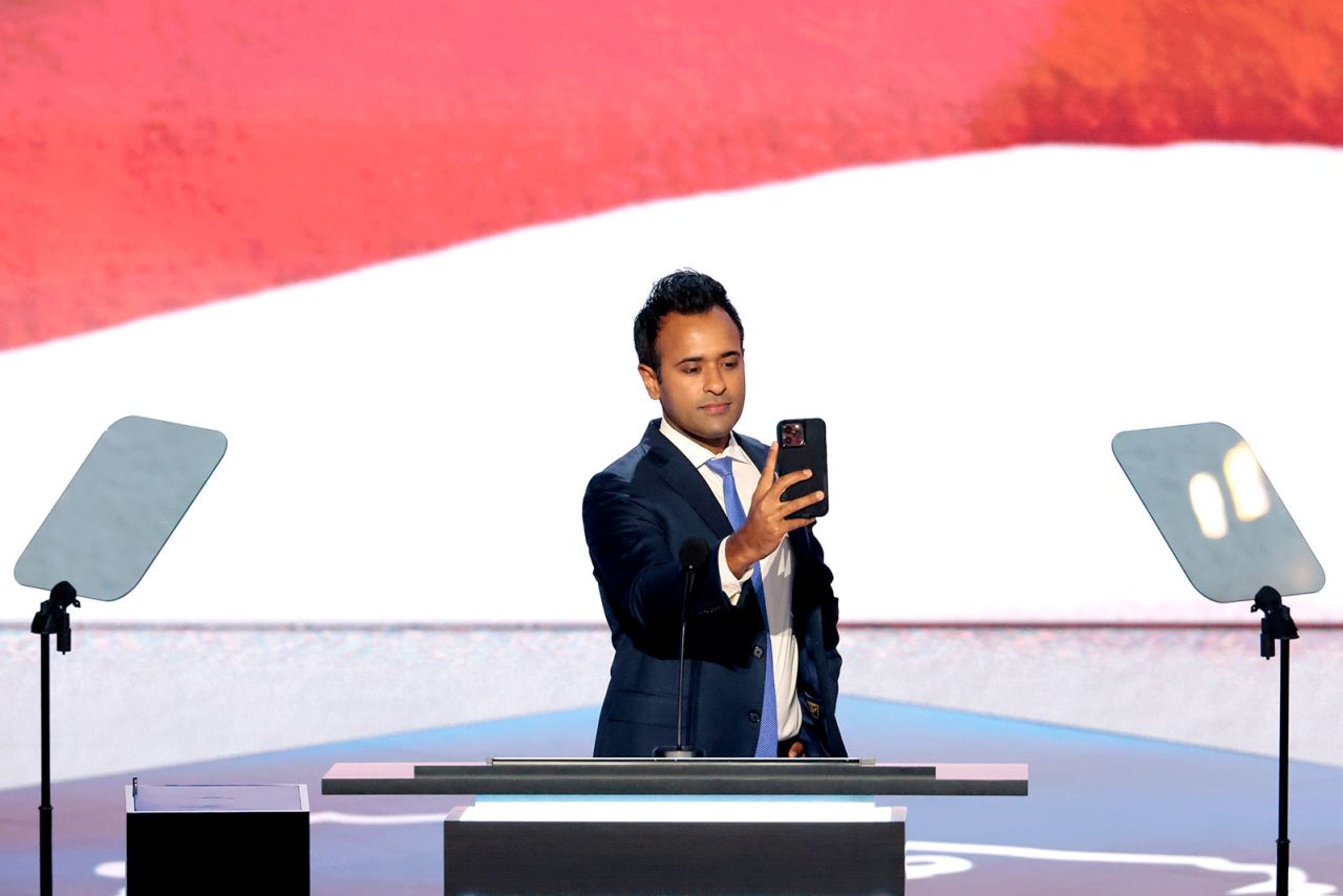 Vivek Ramaswamy on stage during a walkthrough at the Republican National Conventionat the in Milwaukee on Tuesday, July 16.