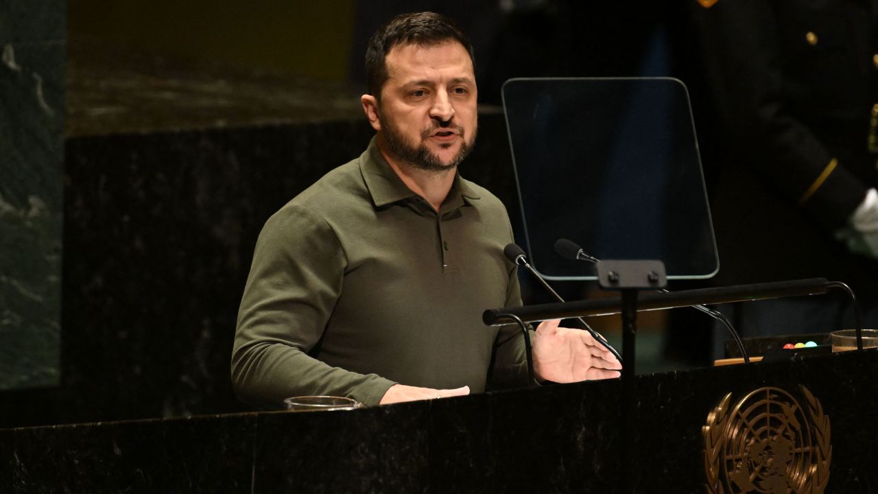 Ukrainian President Volodymyr Zelensky addresses the 78th United Nations General Assembly at UN headquarters in New York City on September 19, 2023. 