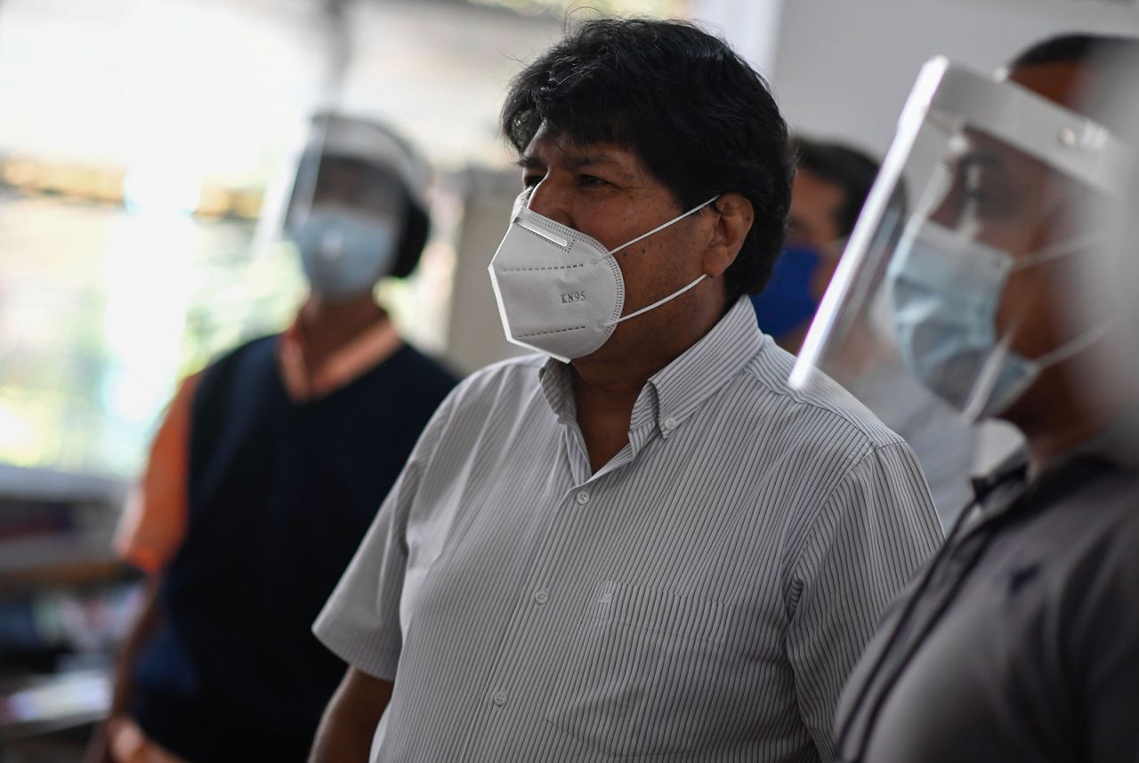 Bolivia's ex-President Evo Morales visits a polling station in Caracas on December 6, 2020, during Venezuela's legislative election.