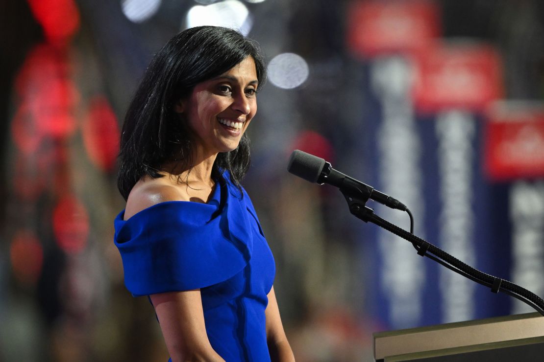 Usha Vance speaks on the third day of the Republican National Convention on July 17, 2024, in Milwaukee.