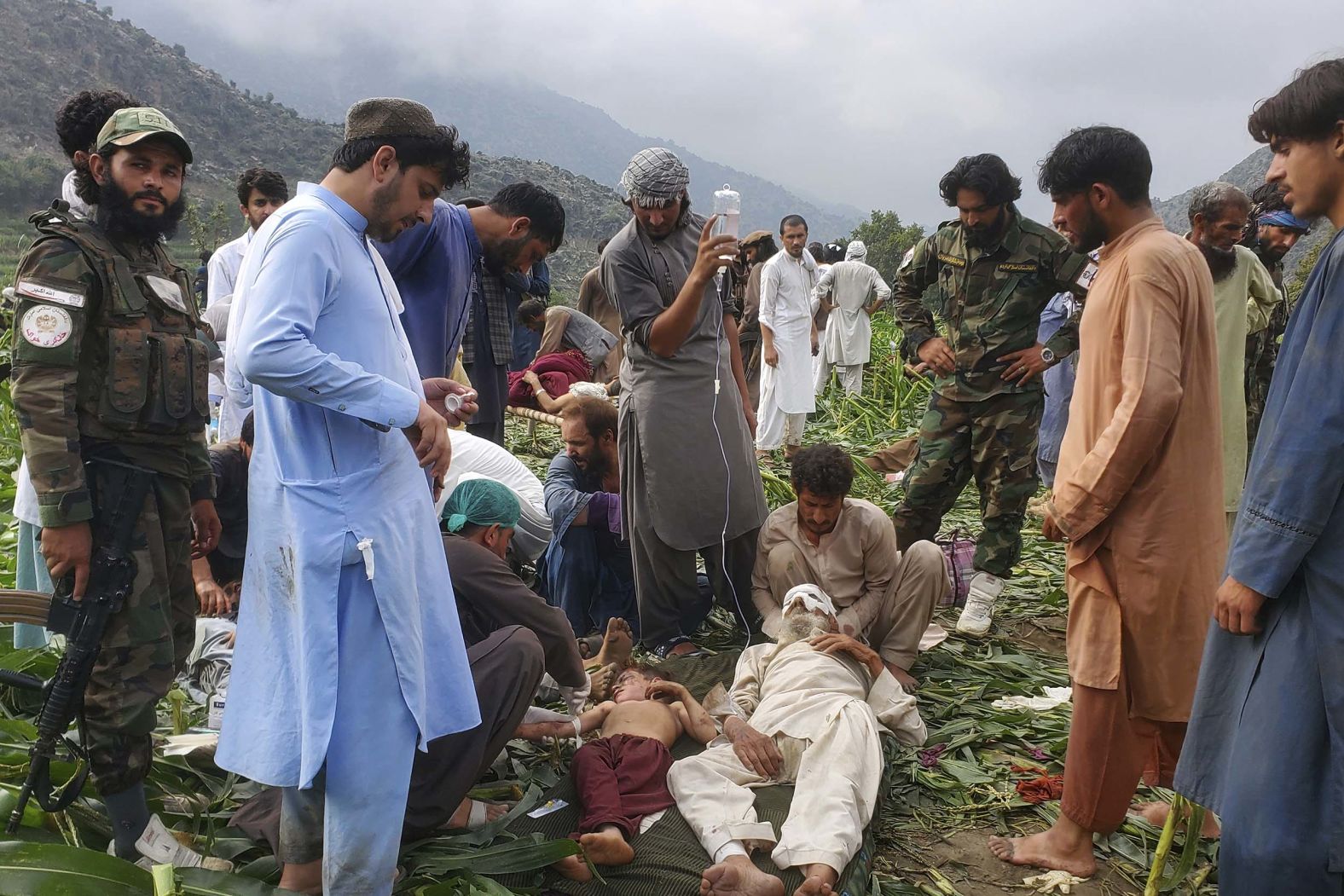 Civil defense workers, local residents and army soldiers prepare to evacuate injured earthquake victims from a village in eastern Afghanistan on Monday, September 1. <a href="index.php?page=&url=https%3A%2F%2Fwww.cnn.com%2F2025%2F08%2F31%2Fasia%2Fafghanistan-earthquake-killed-injured-latam-intl">Hundreds of people were killed in the 6.0-magnitude quake</a>, which hit towns and villages close to the Pakistan border, according to Taliban government spokesman Zabihullah Mujahid.