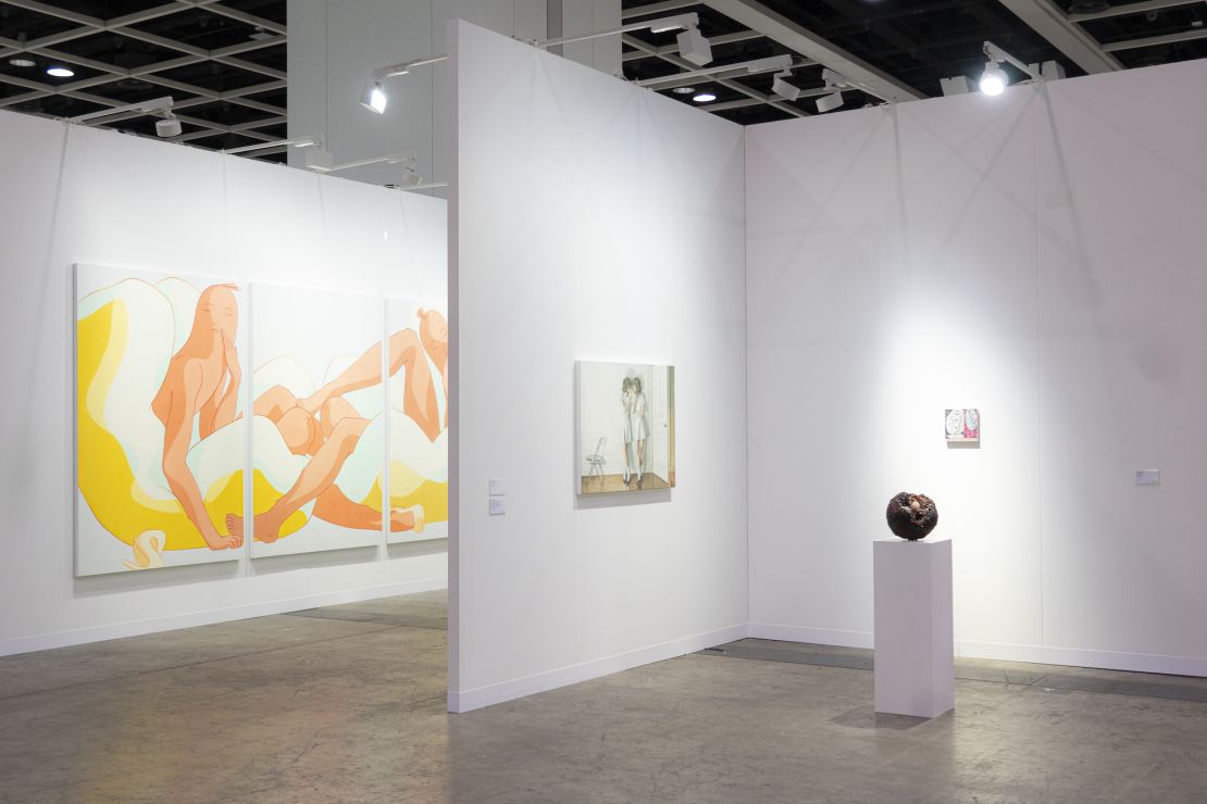 A painting by US artist Ivy Haldeman (left) showing at New York gallery François Ghebaly's booth.