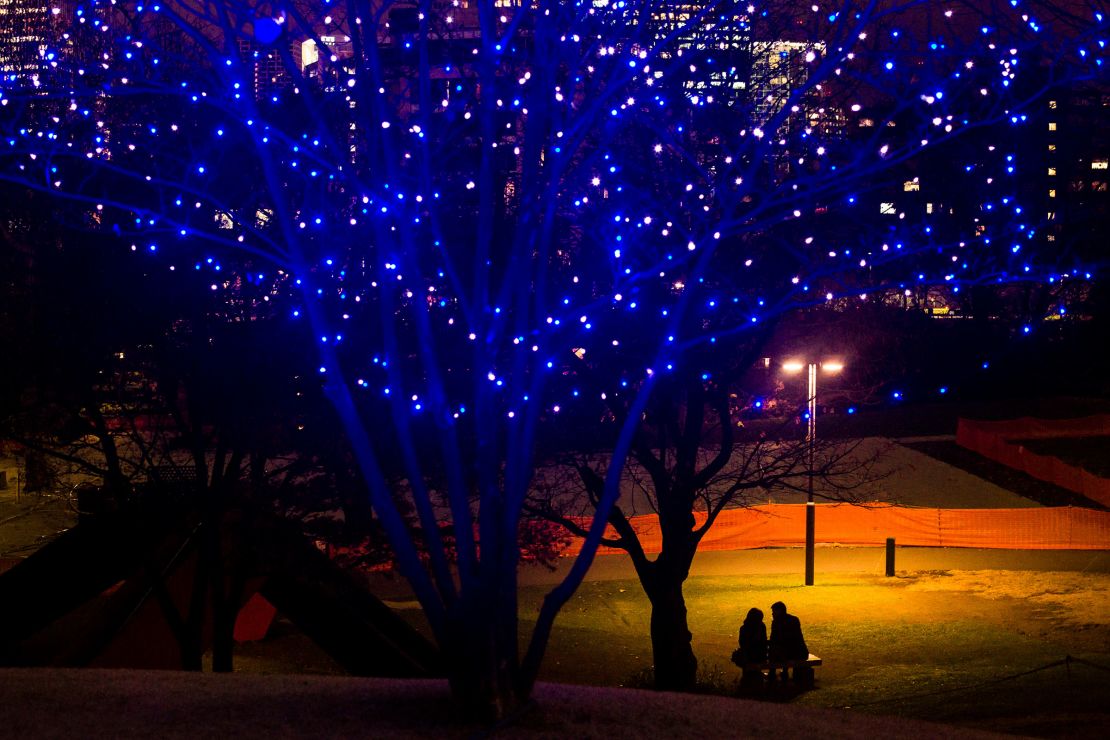 A couple sits in a central Tokyo park under Christmas lights.