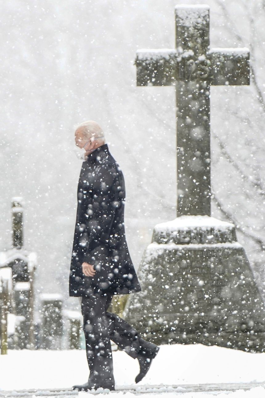 President Joe Biden leaves St. Joseph on the Brandywine Catholic Church in Wilmington, Delaware, following Mass on February 7, 2021.