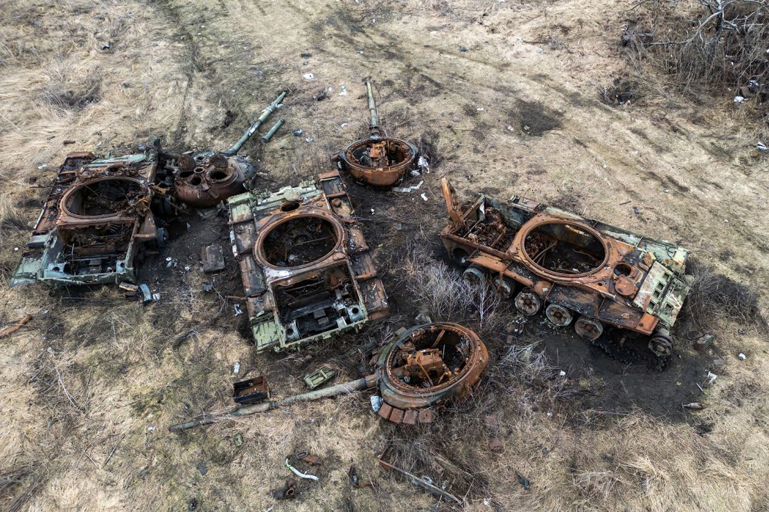 Destroyed Russian tanks near the village of Bohorodychne in the Donetsk region, Ukraine, on February 13, 2024.