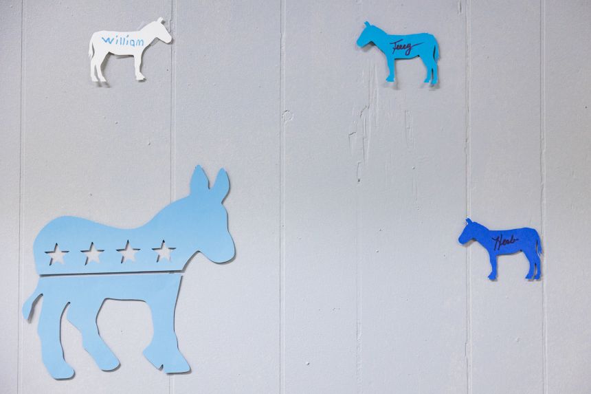 Donkey cutouts are pictured on the wall at the Democratic Party Union City field office in Union City, Pennsylvania, on September 24, 2024.