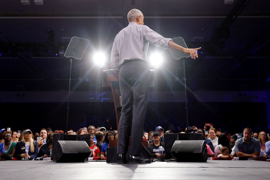 Former President Barack Obama campaigns for Kamala Harris in Charlotte, North Carolina, on October 25, 2024.