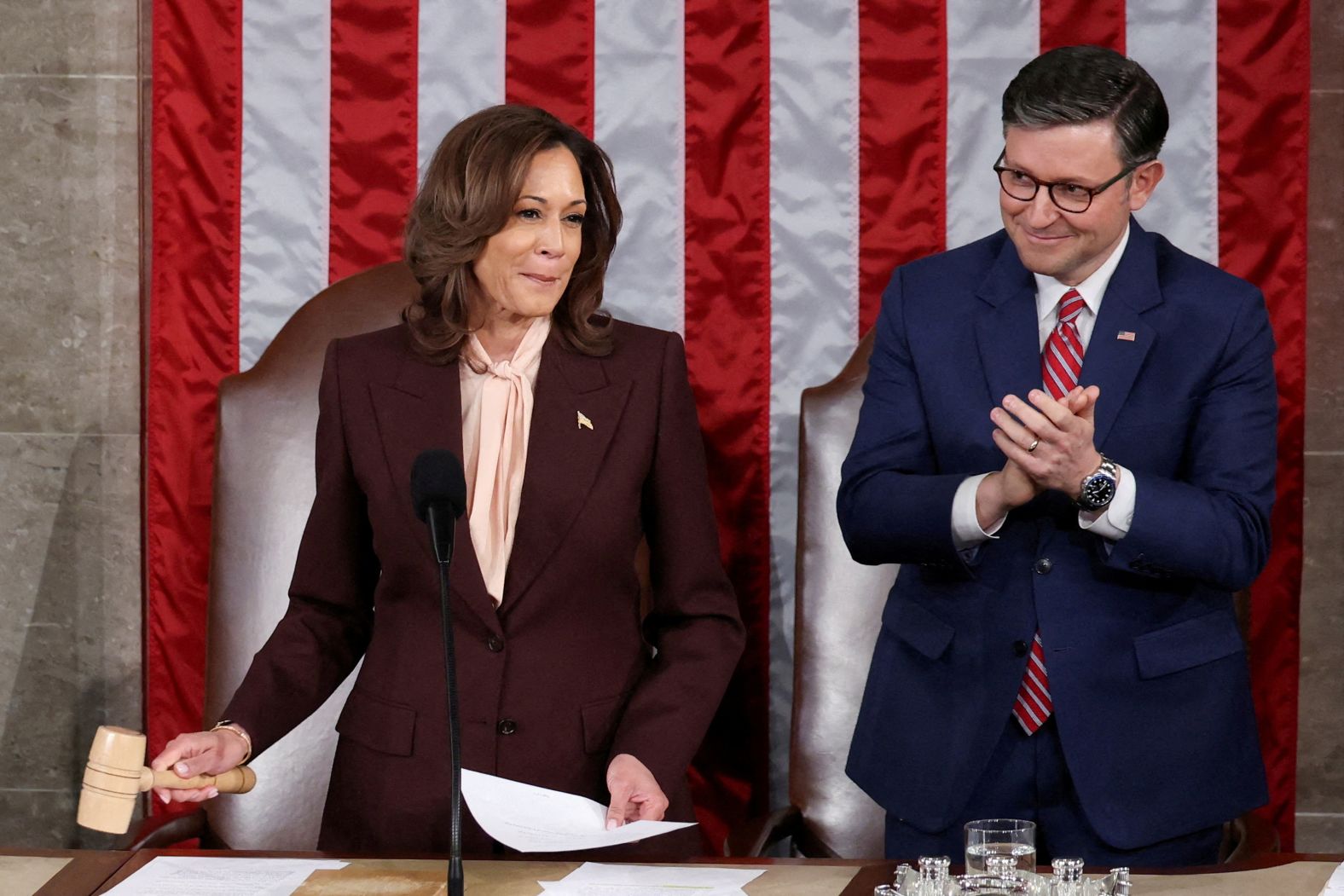 US Vice President Kamala Harris oversees <a href="index.php?page=&url=https%3A%2F%2Fwww.cnn.com%2Fpolitics%2Flive-news%2Felection-certification-trump-01-06-25%2Findex.html">the certification of Donald Trump's election victory</a> during a joint session of Congress on Monday, January 6. Harris lost to Trump in November’s election.