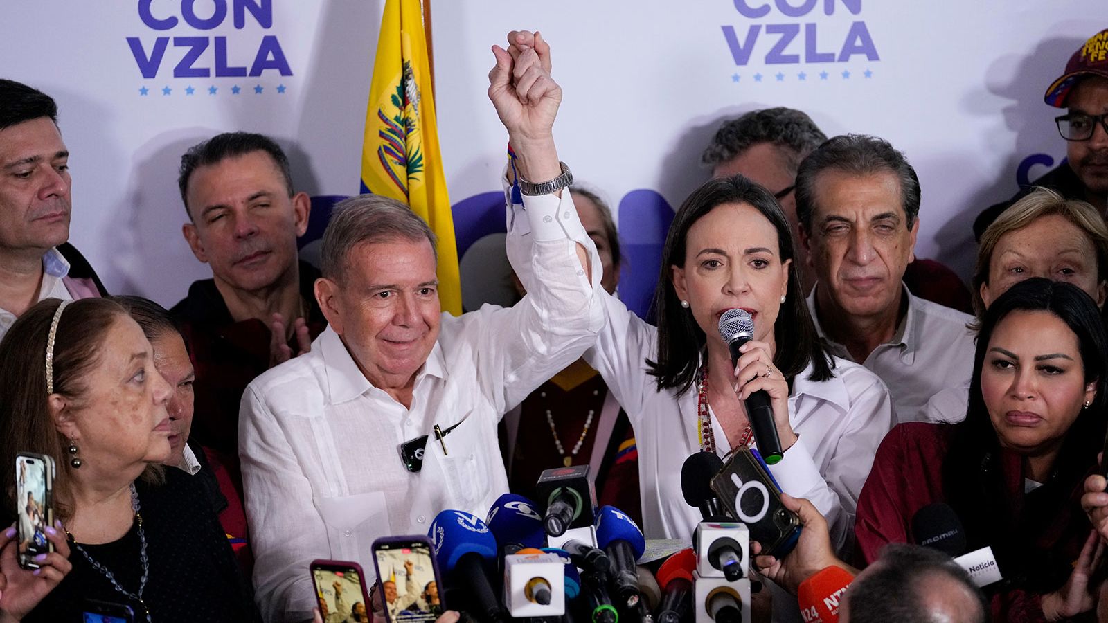 Opposition leader Maria Corina Machado, right, and presidential candidate Edmundo Gonzalez hold a press conference after electoral authorities declared President Nicolas Maduro the winner of the presidential election in Caracas, July 29, 2024.