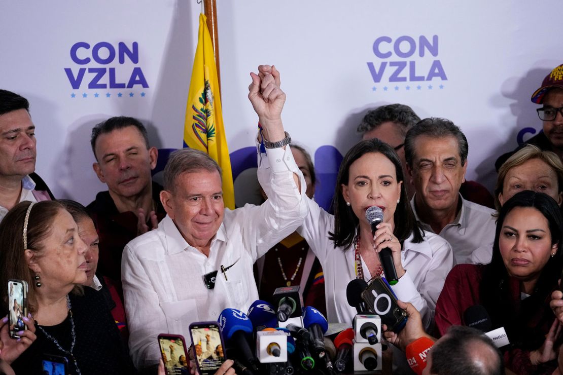 Opposition leader Maria Corina Machado (right) and presidential candidate Edmundo Gonzalez (left) hold a news conference after Nicolás Maduro was declared the winner of the election in Caracas, Venezuela on July 29, 2024.
