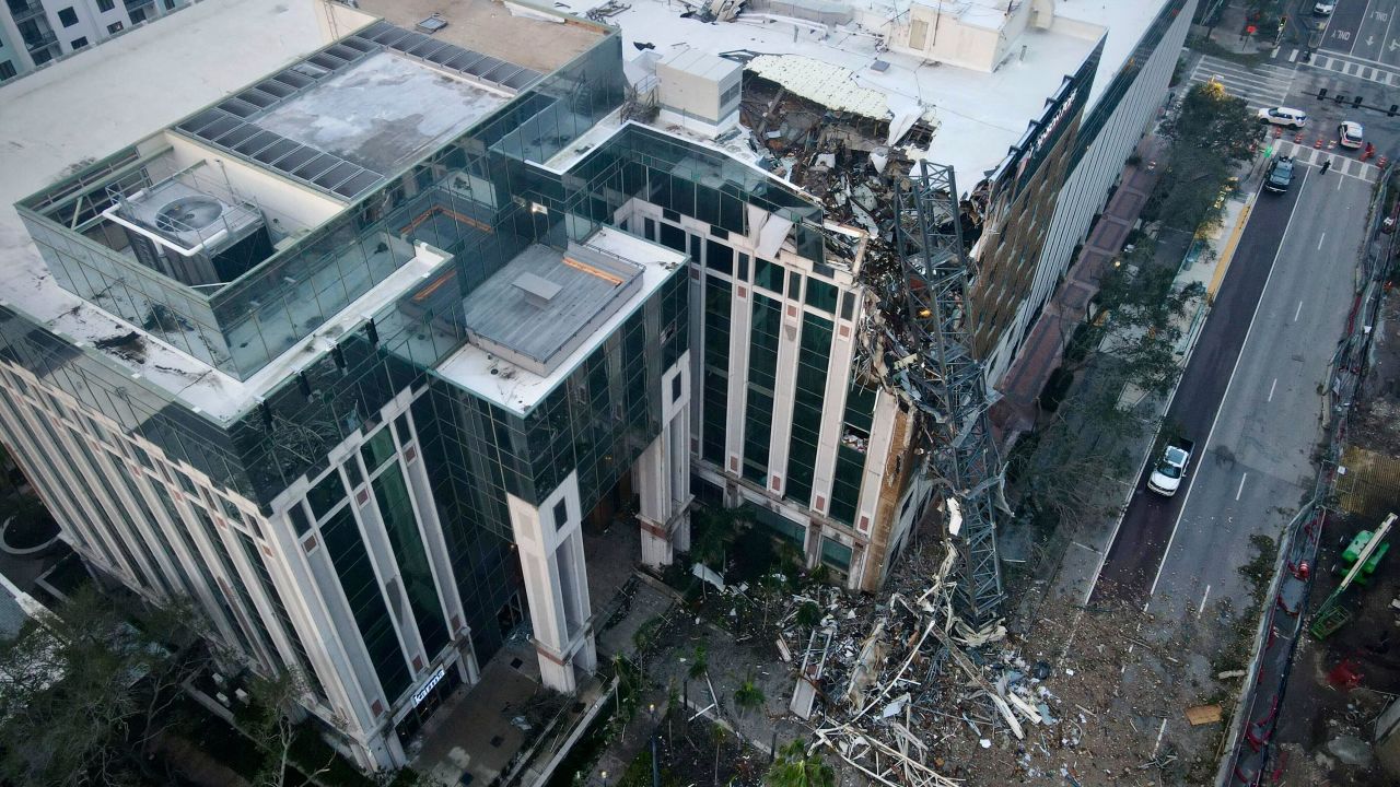 A construction crane that fell into an office building that houses the Tampa Bay Times headquarters is seen on Thursday.