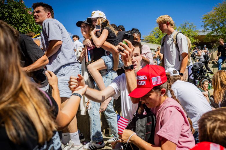 The crowd reacts after Charlie Kirk is shot at Utah Valley University on Wednesday.