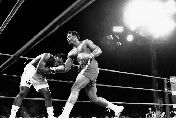 Foreman punches Frazier during their title fight on January 22, 1973. "Down goes Frazier!" was the iconic call from TV broadcaster Howard Cosell as Foreman won in the second round.