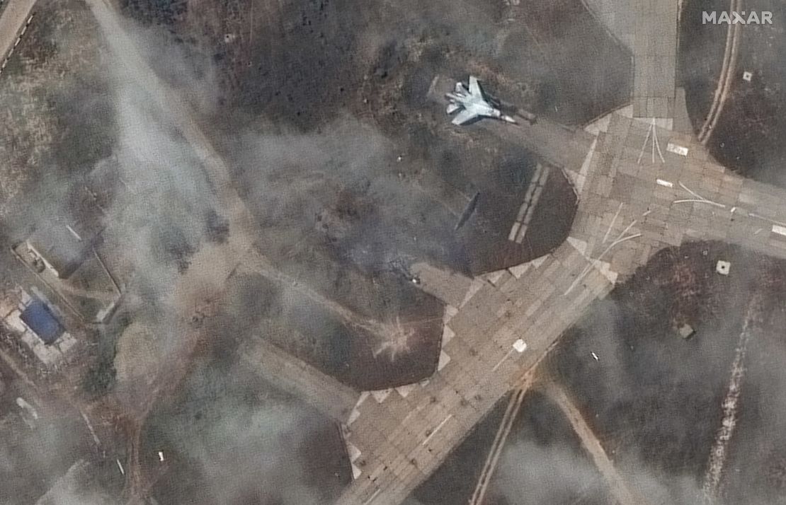 Satellite images exclusive to CNN show destroyed planes and a building at Belbek air base in Crimea on May 15, 2024. 