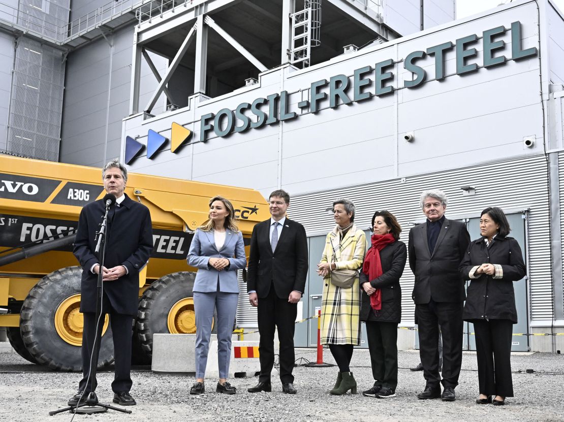 US Secretary of State Antony Blinken speaks during a visit to Hybrit Steel Plant in Lulea, Sweden, on May 30, 2023.