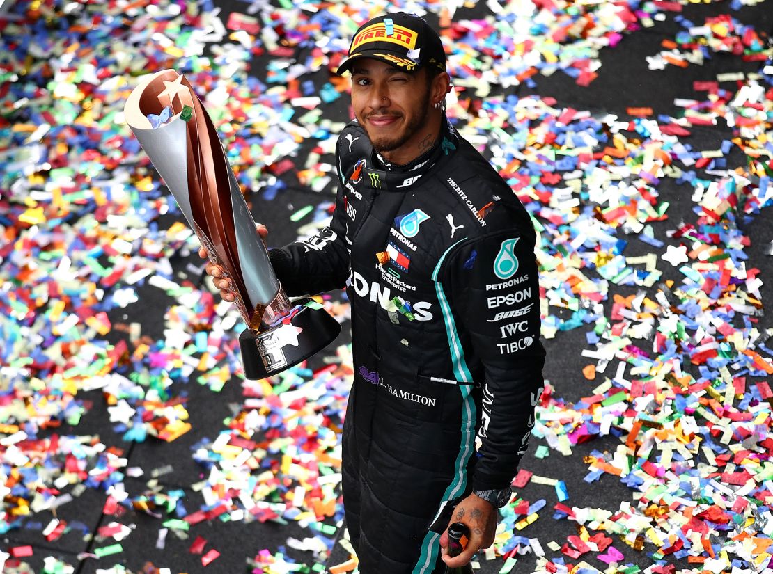 Hamilton celebrates after claiming his seventh Drivers' title in 2020.