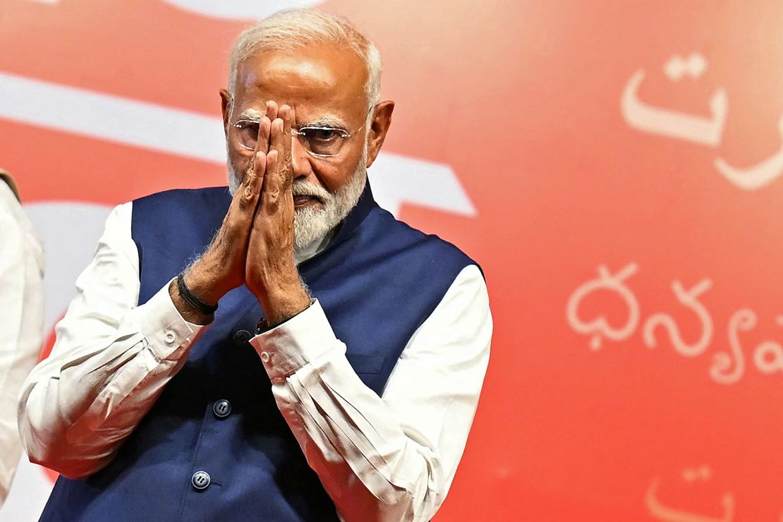 India's Prime Minister Narendra Modi at the Bharatiya Janata Party (BJP) headquarters in New Delhi, following the country's general election in June 2024.