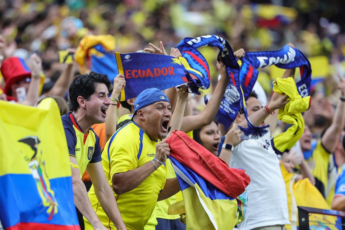 Fans celebrate after a goal by Alan Minda of Ecuador against Jamaica in the second half the Group B match at Allegiant Stadium on June 26 in Las Vegas.