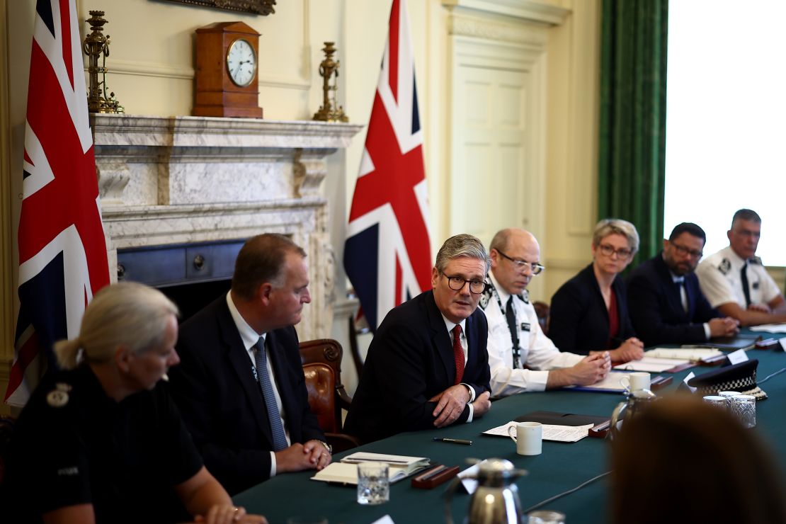 Starmer holds an emergency meeting at 10 Downing Street in London to discuss clashes after the Southport stabbing, August 1, 2024.