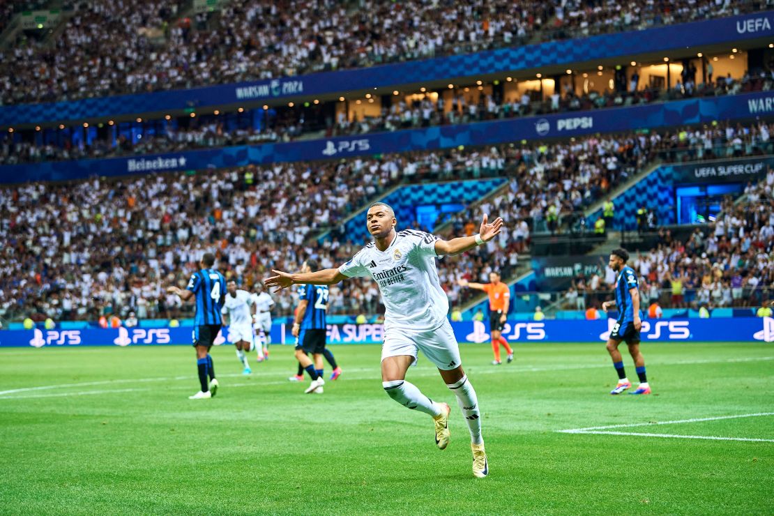 Mbappé celebrates after scoring against Atalanta in Warsaw, Poland, on August 14.