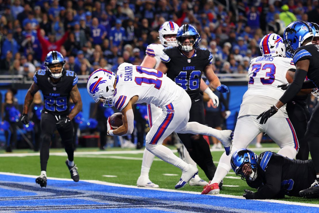 Khalil Shakir scores a touchdown in the third quarter against the Detroit Lions at Ford Field on December 15.