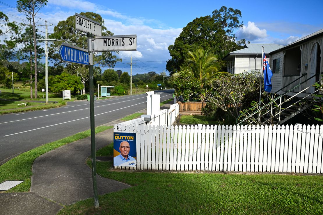 A sign supporting Peter Dutton and the LNP on a fence in the suburb of Samford, Brisbane on April 23.