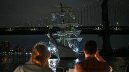 The Cuauhtémoc, a Mexican Navy training ship is seen after it hit New York's Brooklyn Bridge on Saturday.