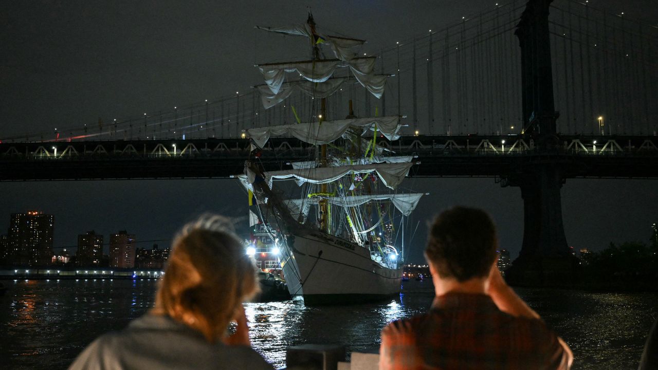 The Cuauhtémoc, a Mexican Navy training ship is seen after it hit New York's Brooklyn Bridge on Saturday.