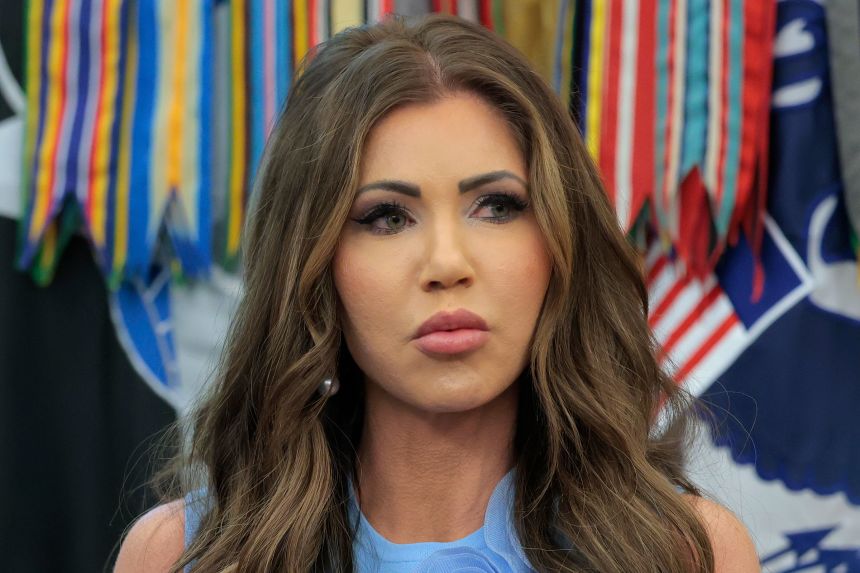 Secretary of Homeland Security Kristi Noem, delivers remarks during an event with President Donald Trump on natural disaster preparedness in the Oval Office of the White House on June 10, 2025.