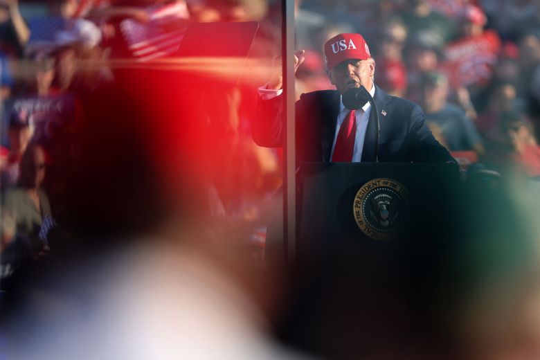 President Donald Trump speaks at the Iowa State Fairgrounds.