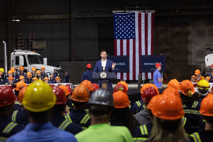 Vice President JD Vance speaks at Metallus, a metal products manufacturer, on July 28, 2025, in Canton, Ohio.