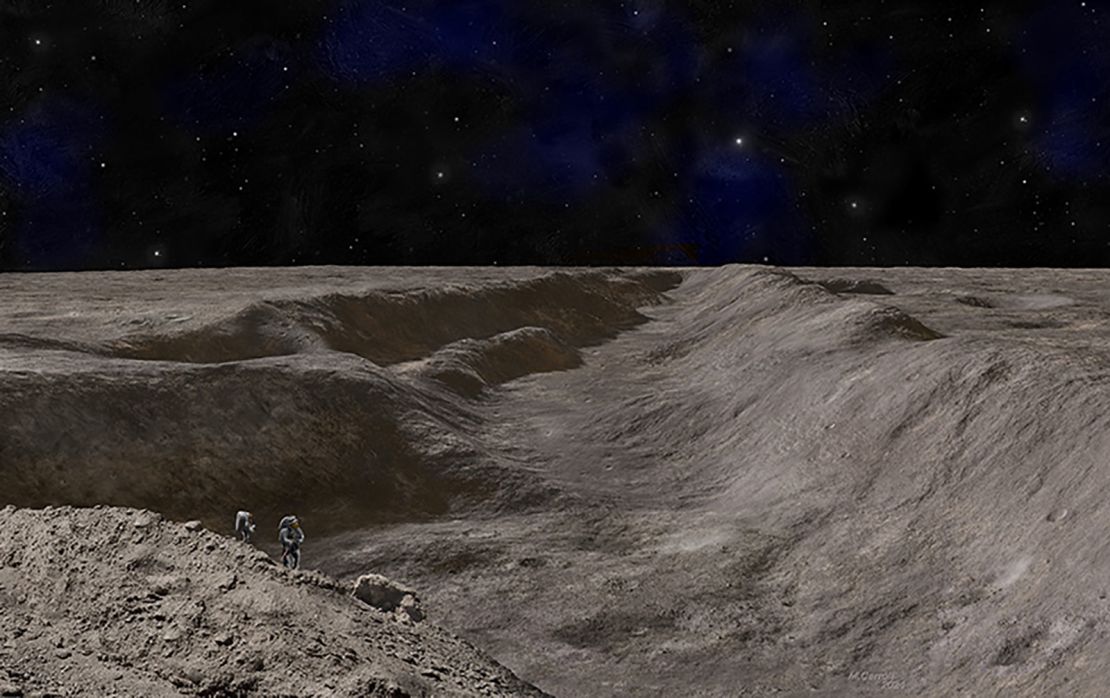 The impression of an artist shows astronauts standing by the canyon of Vallis Schrödinger.