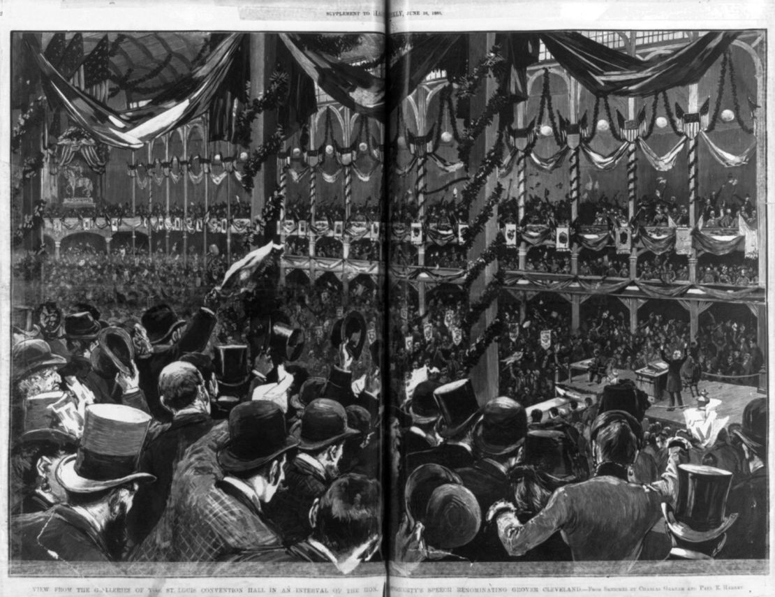 This illustration from 1888 shows the St. Louis Convention Hall during speech re-nominating Grover Cleveland.