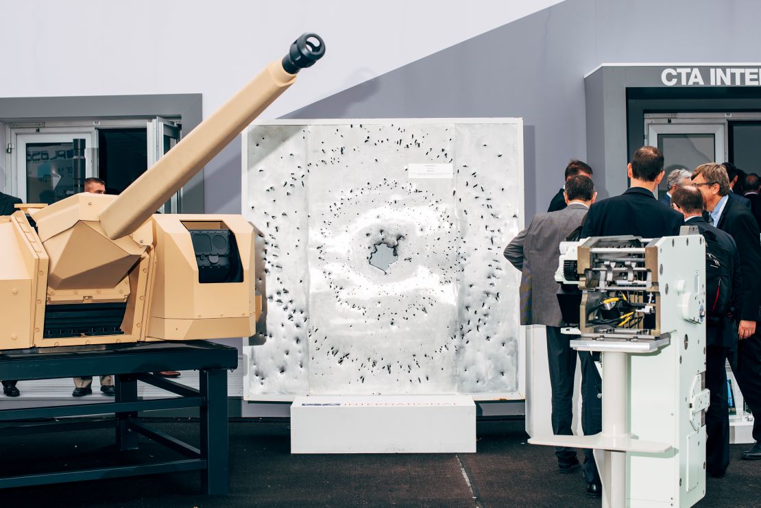 At the 2018 Eurosatory expo in Paris, France, arms company CTA demonstrates their fire power on an aluminium sheet.
