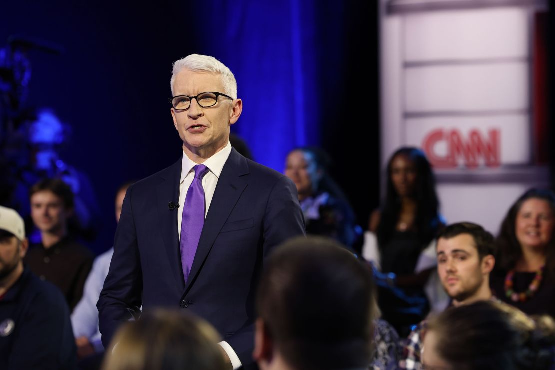 CNN’s Anderson Cooper moderates a CNN Presidential Town Hall with Vice President Kamala Harris in Delaware County, Pennsylvania, on October 23, 2024.