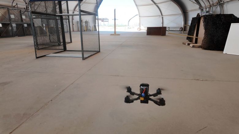 A drone is flown through the “FPV gym” at Fort Bliss in El Paso.
