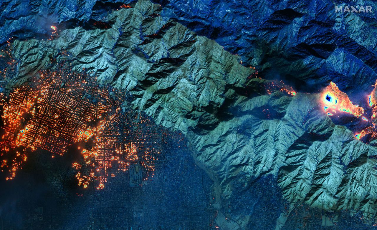 A satelite image shows burning buildings in Altadena, California, on Wednesday, January 8.