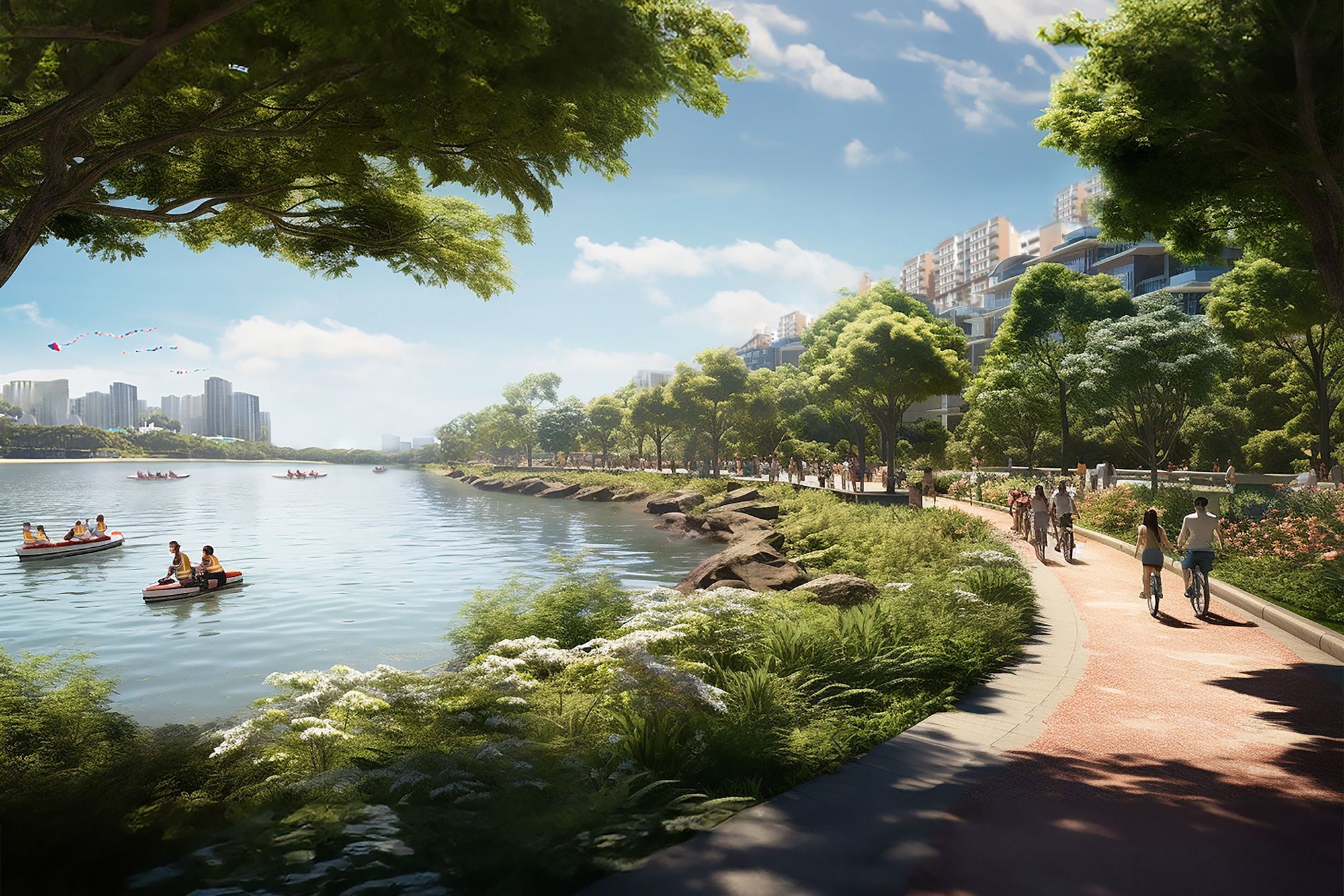 An artistic impression of Singapore's Long Island, produced by Singapore's urban planning agency using AI tools, imagines what the flood defense scheme might look like.