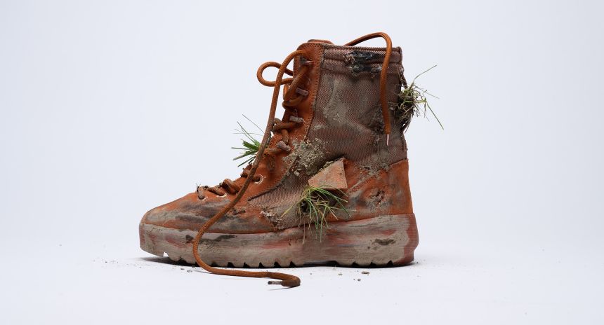 Yeezy season three military boots in Burnt Sienna, designed by Bembury and released in 2016.