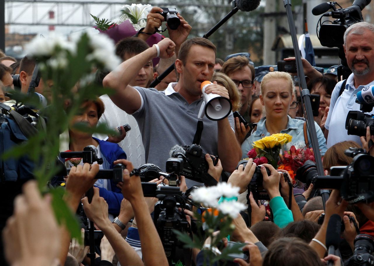 Alexey Navalny addresses supporters and journalists in Moscow in 2013.