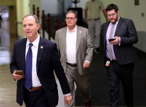 Rep. Adam Schiff (L), chairman of the Senate Select Committee on Intelligence, walks to a meeting with the inspector general of the intelligence community at the US Capitol on Oct. 4, 2019 in Washington, DC. 