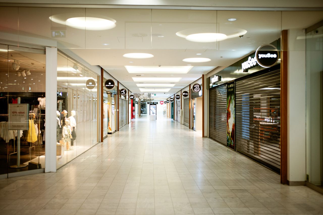 Shuttered shops stand in Fisketorvet-Copenhagen Mall in Denmark, on Wednesday, April 15. 