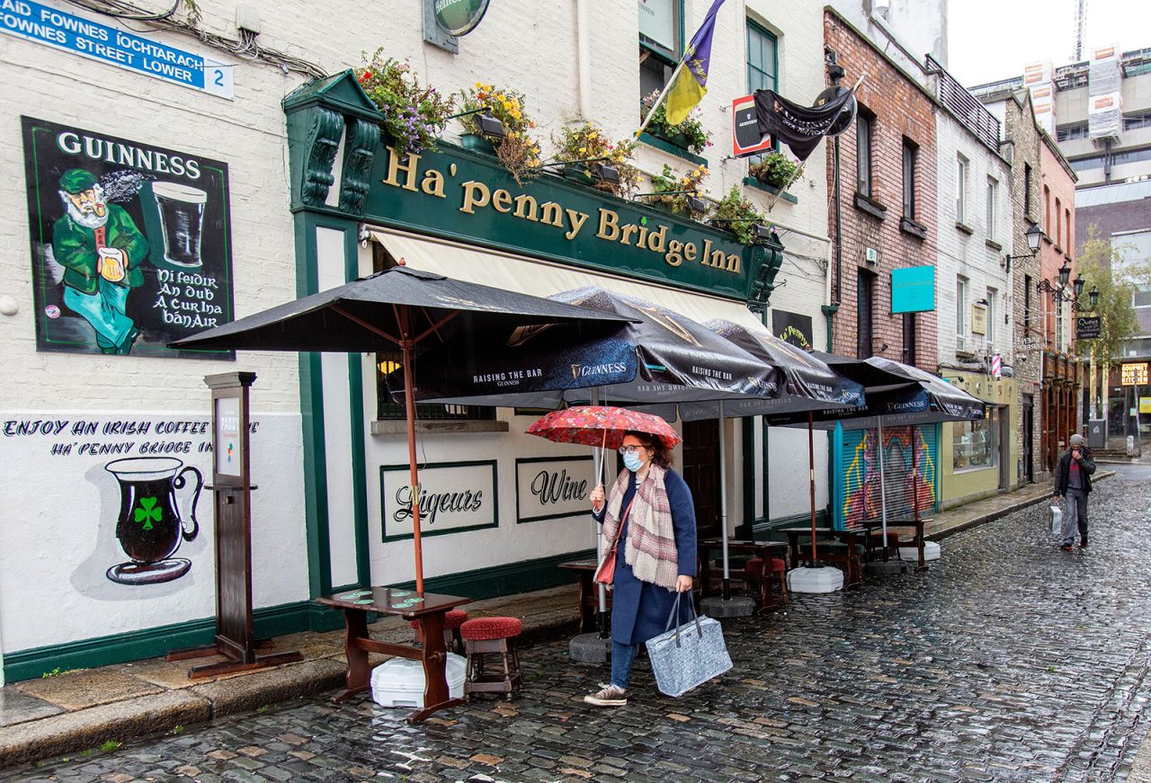 A pedestrian wearing a face mask walks past a pub in Dublin on October 19.