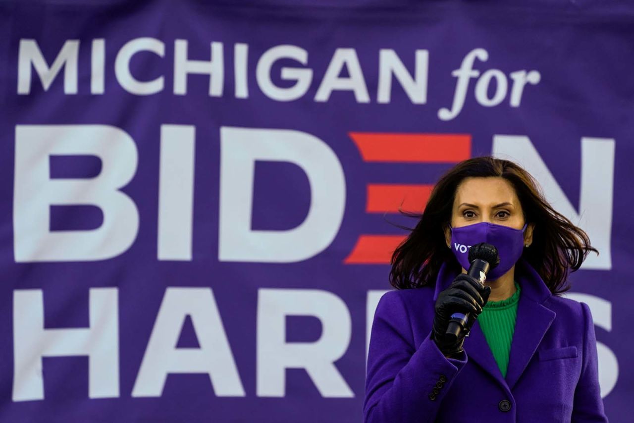 Michigan Governor Gretchen Whitmer speaks during a canvas launch event?in Detroit, on Monday, November 2.