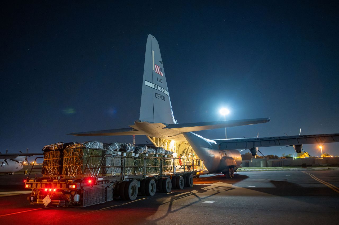 Aid destined for an airdrop over Gaza is loaded aboard a US Air Force plane at an undisclosed location in Southwest Asia, on March 1. 