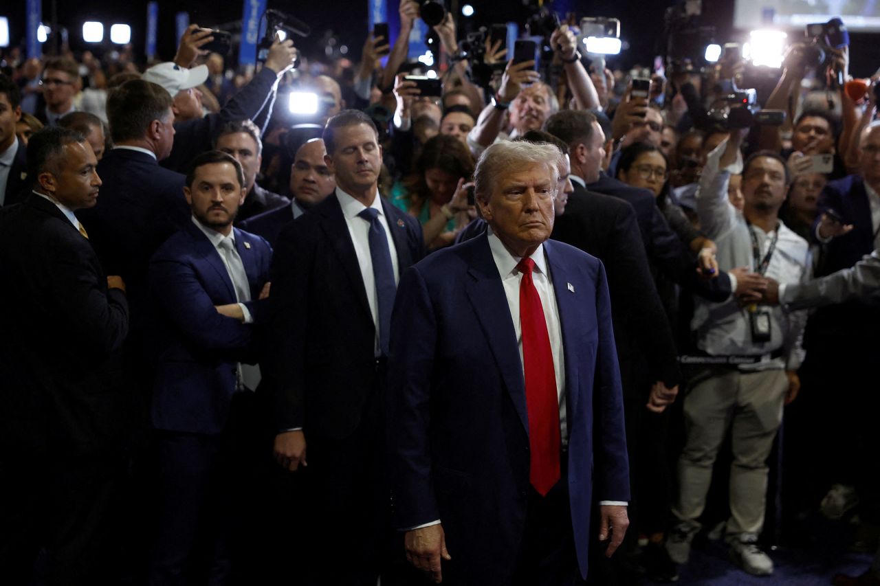 Former President Donald Trump is seen in the spin room after the debate on Tuesday.