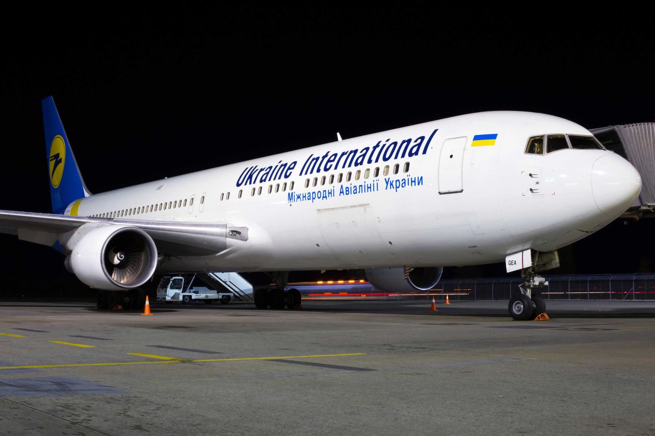 A Ukraine International Airlines plane is seen parked at Borispol International Airport in Ukraine in October 2019.