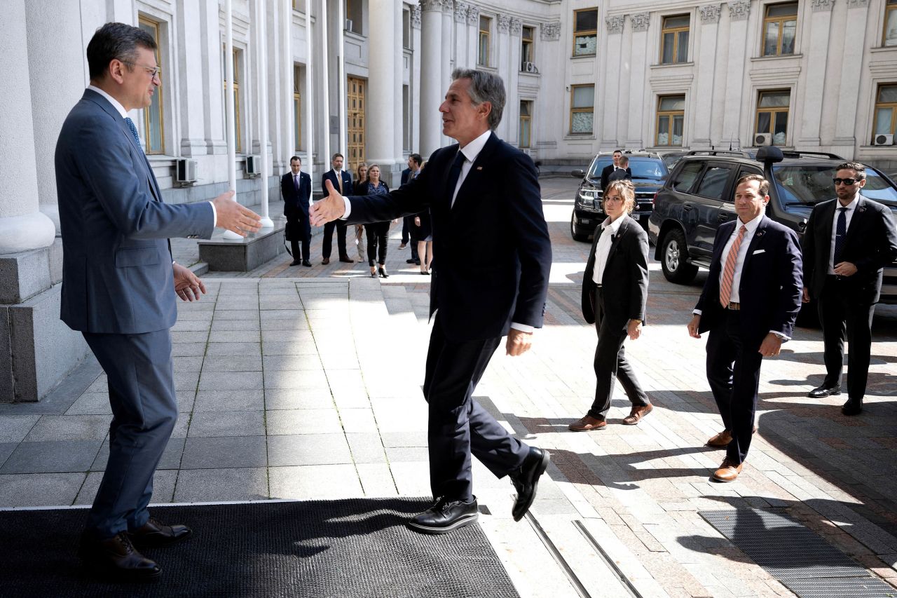 Ukraine's Foreign Minister Dmytro Kuleba greets US Secretary of State Antony Blinken ahead of a meeting at the Ministry of Foreign Affairs in Kyiv, Ukraine, on September 6. 
