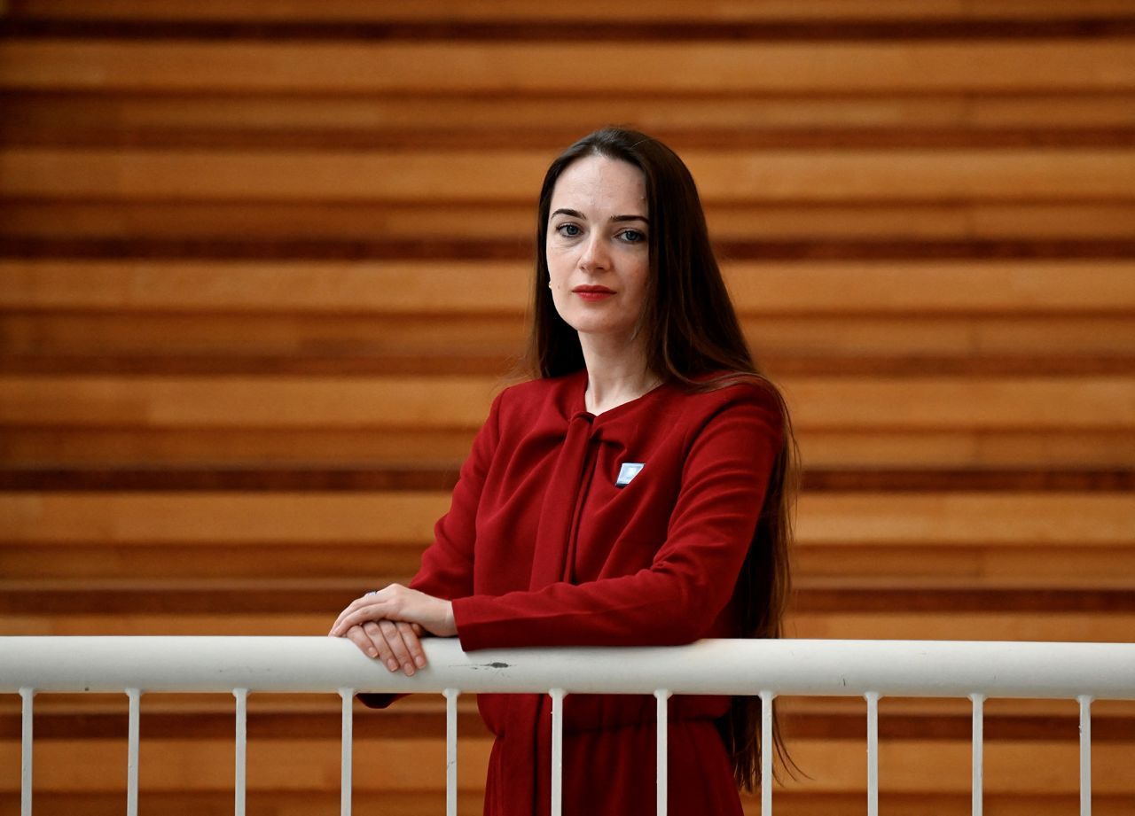 Ukrainian rights defender Oleksandra Matviichuk, whose Center for Civil Liberties jointly won the 2022 Nobel Peace Prize with the Russian rights organisation Memorial poses during a interview at the University Catholique of Louvain in Louvain La Neuve, Belgium, on February 16.